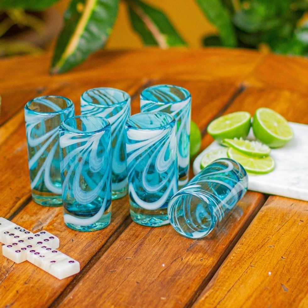 6 Hand Blown Shot Glasses in Aqua and White from Mexico 'Whirling Aquamarine'