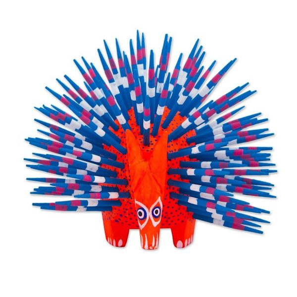 Alternate image for Copal Wood Alebrije Porcupine Sculpture in Red and Blue Cute Porcupine in Red