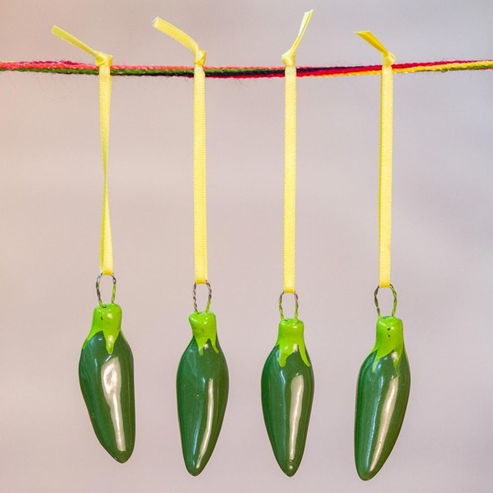 Green Ceramic Serrano Pepper Ornaments Set of 4 'Serrano Peppers in Green'