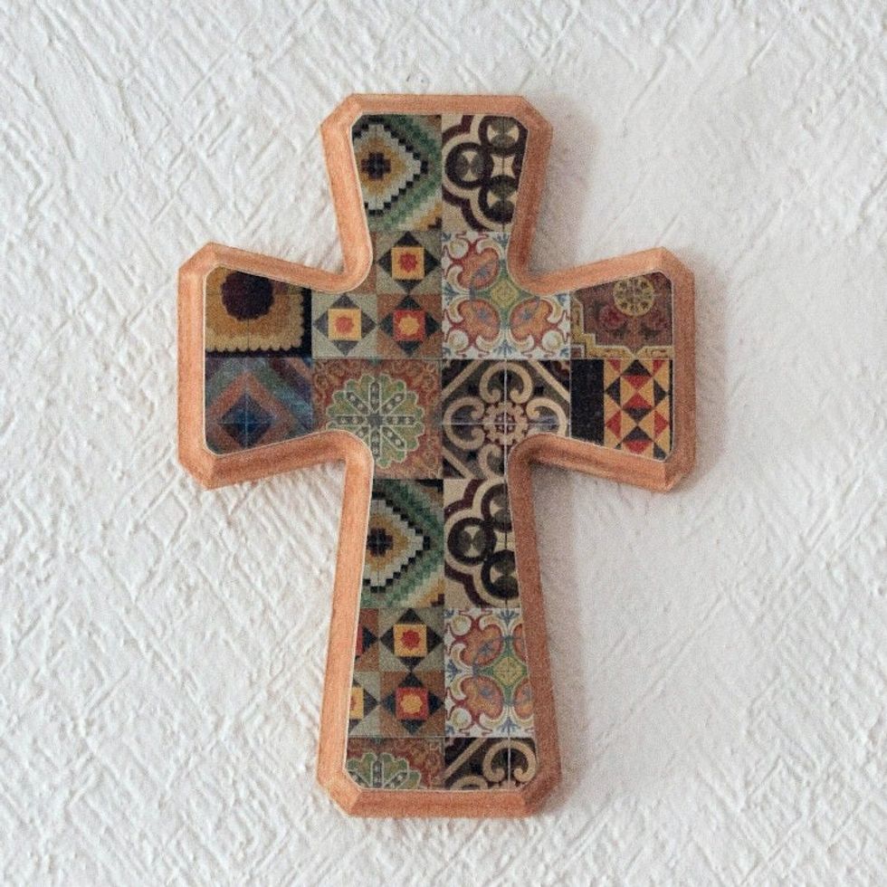 Handcrafted Decoupage Wall Cross with Puebla Tile Motifs 'Puebla Heritage'