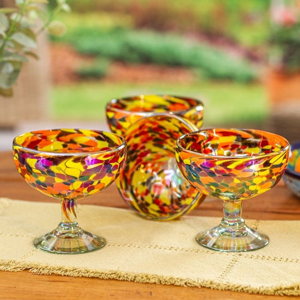 Set of 4 Multicolor Handblown Cocktail Glasses from Mexico 'Intense Celebration'