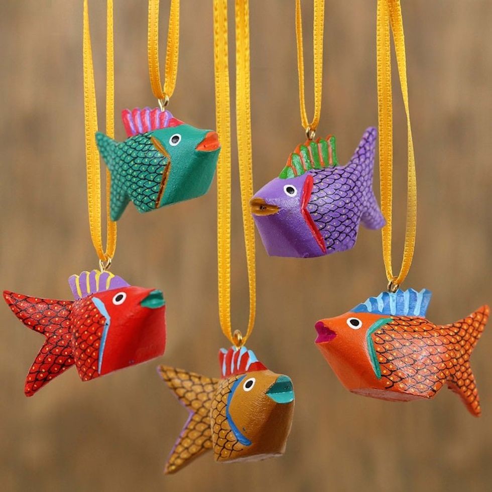 Painted Wood Alebrije Fish Ornaments Set of 5 from Mexico 'Sweet Fish'