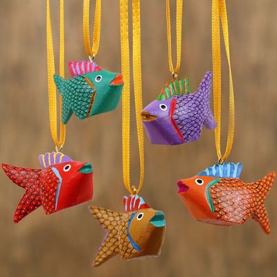 Alternate image for Painted Wood Alebrije Fish Ornaments Set of 5 from Mexico Sweet Fish