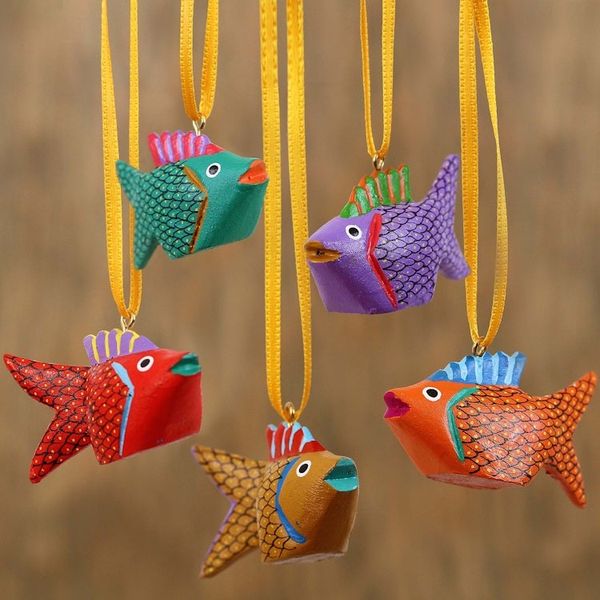 Alternate image for Painted Wood Alebrije Fish Ornaments Set of 5 from Mexico Sweet Fish