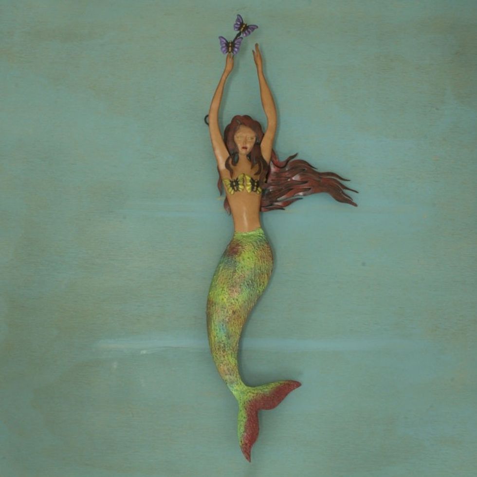 Hand Made Mermaid and Butterfly Iron Wall Sculpture 'Mermaid with Butterflies'