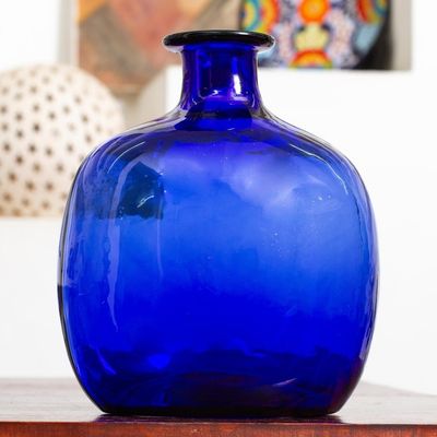 Alternate image for Blue Bottle Shaped Eco Friendly Blown Glass Vase Cobalt Blue Bottle