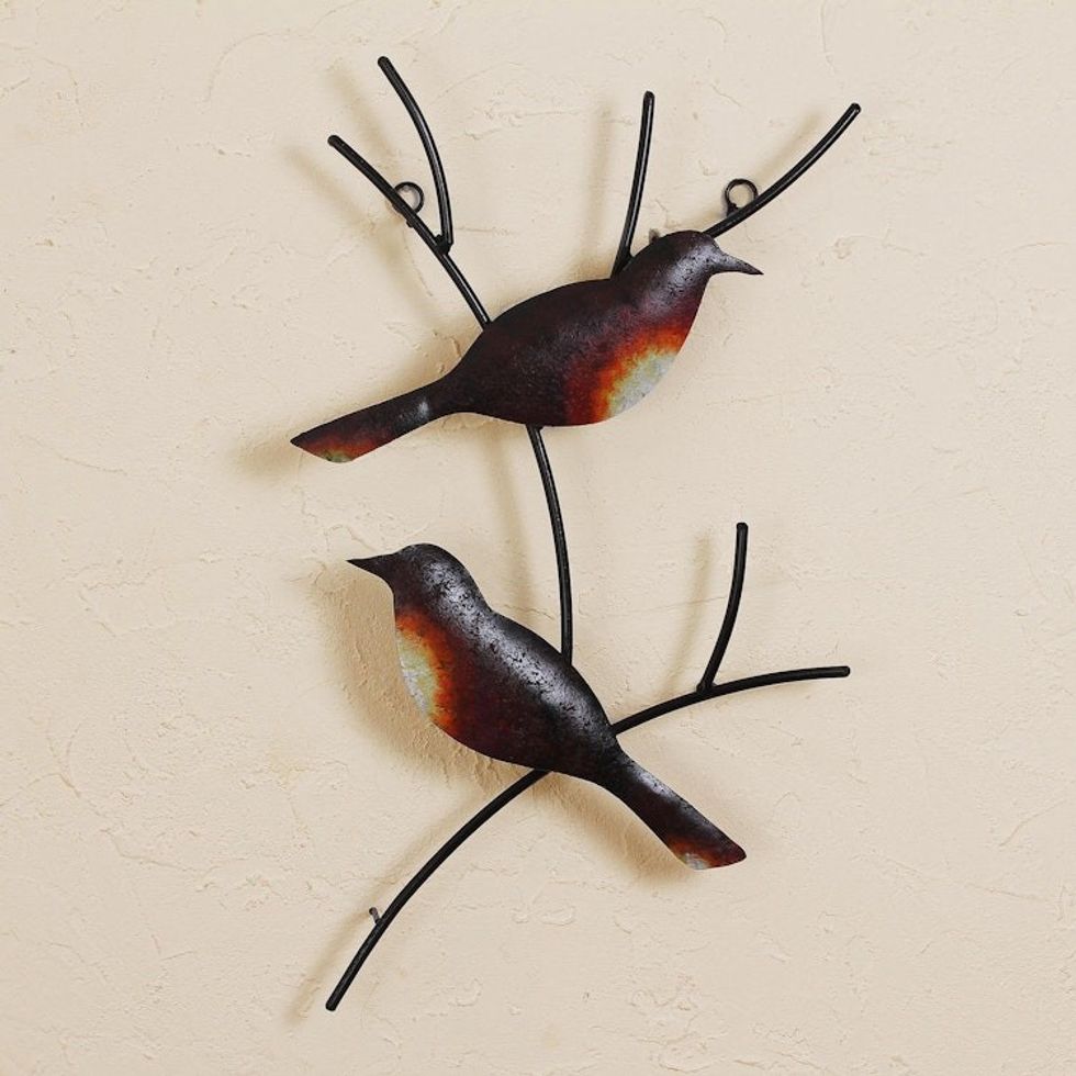 Handmade Metal Wall Art of Birds on Branches 'Pair of Sparrows'