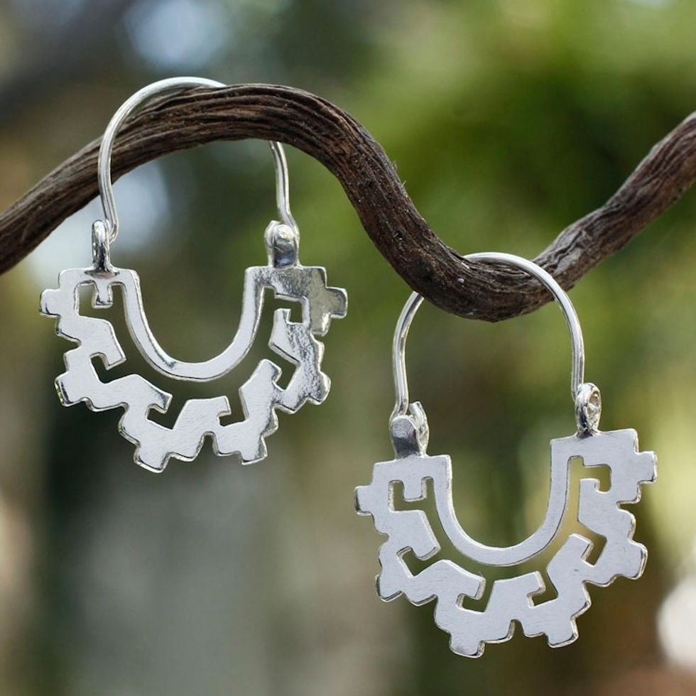 Collectible Sterling Silver Hoop Earrings 'Magical Mitla'