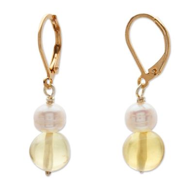 Alternate image for 14k Gold-Plated Dangle Earrings with Amber Beads and Pearls Warm Pearly Orbs