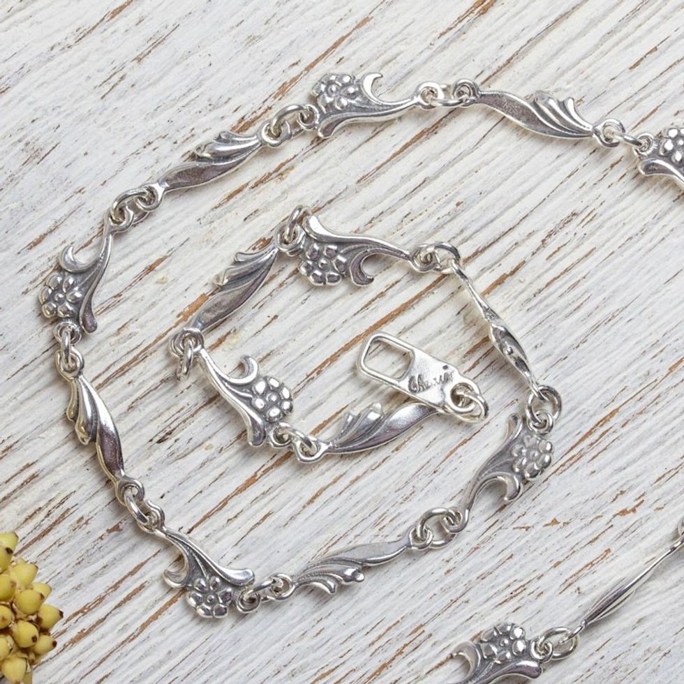 Artisan Crafted Sterling Silver Floral Chain Necklace 'Petite Floral Garland'