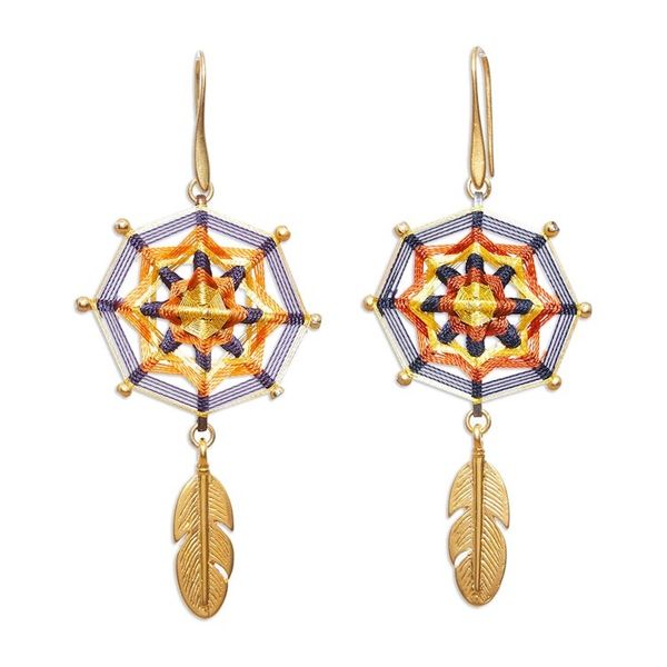 Alternate image for Gold-Plated Brass Mandala Dangle Earrings with Feathers Feather Mandala