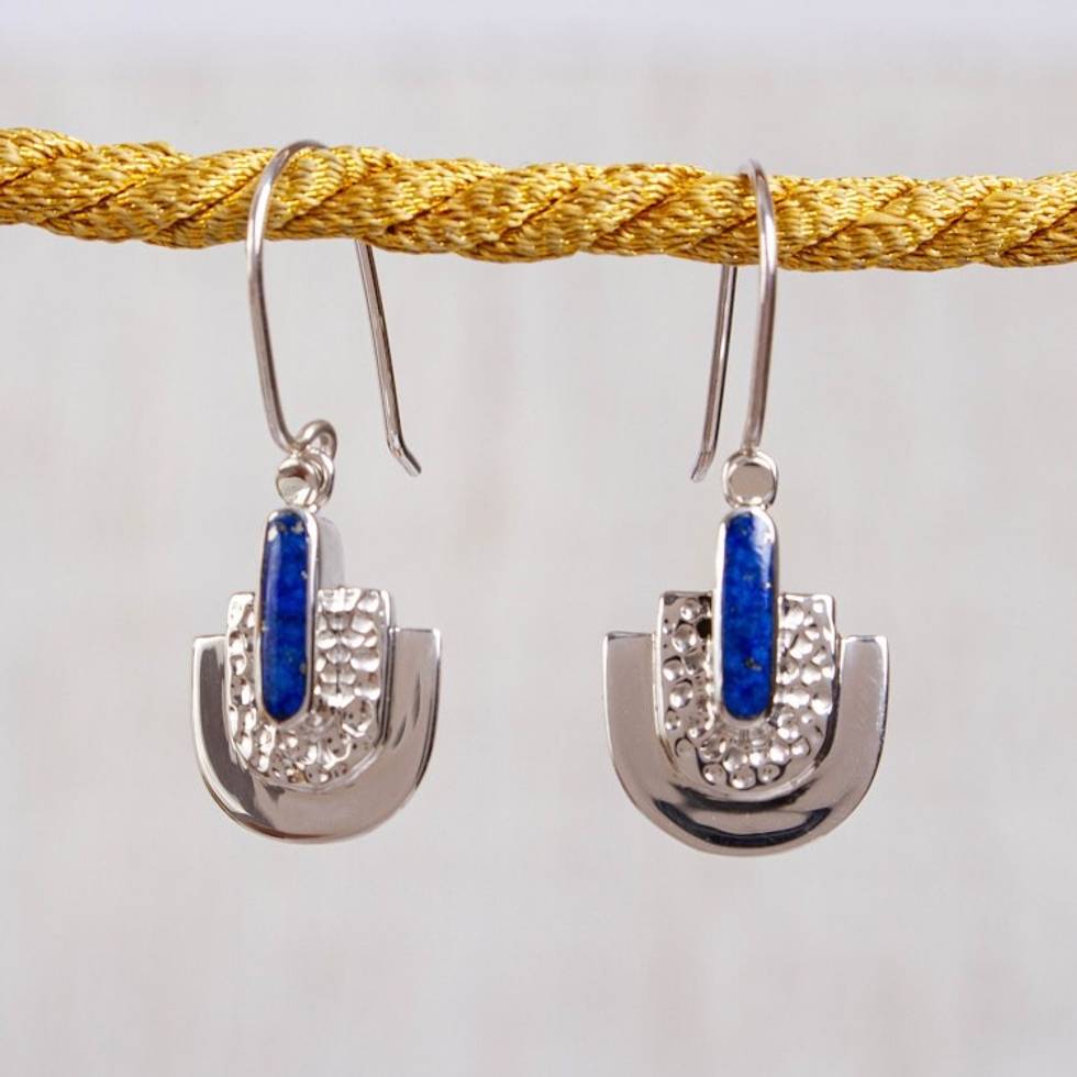 Taxco Lapis Lazuli Dangle Earrings from Mexico 'Huipil Style'