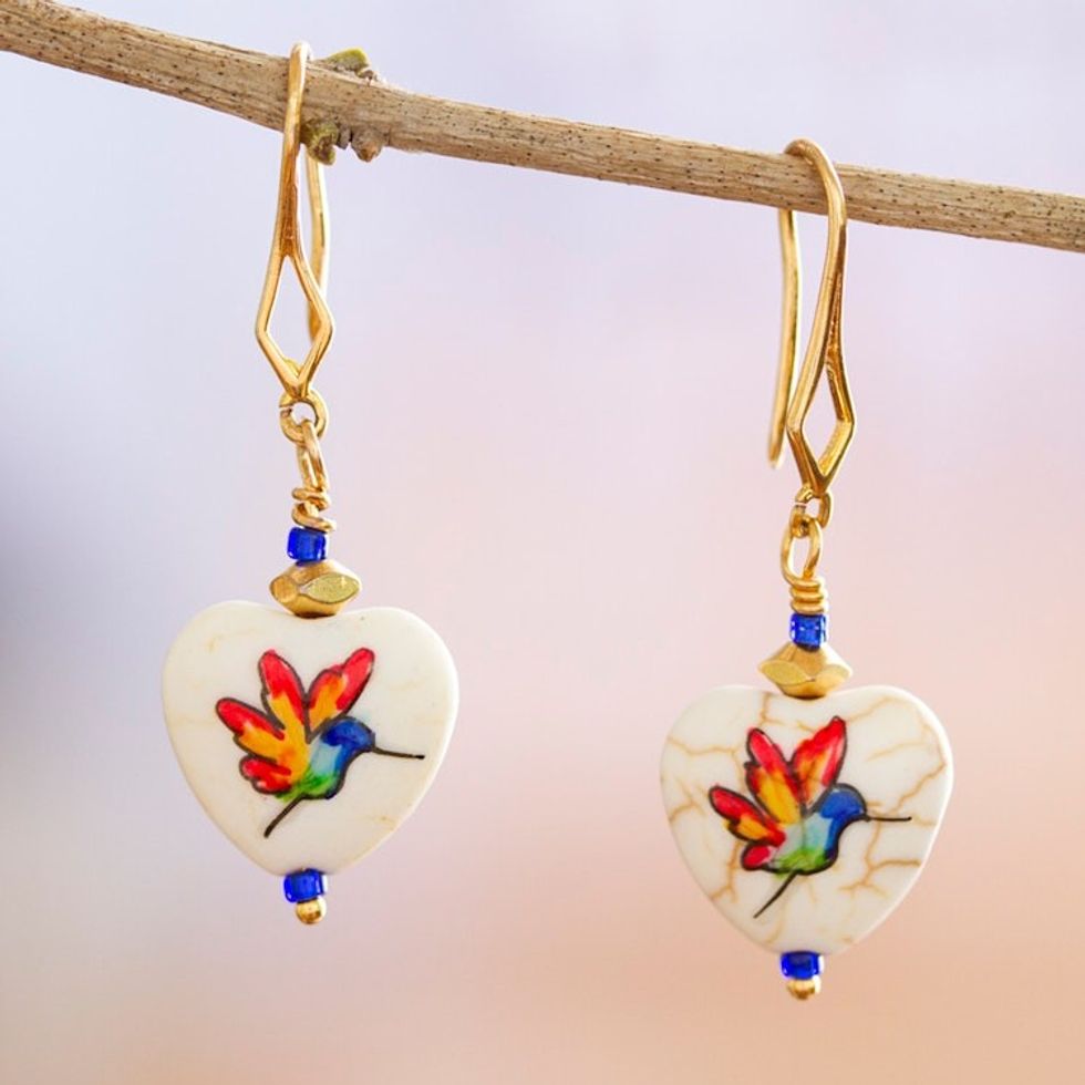 14k Gold-Plated Howlite Dangle Earrings with Rainbow Birds 'Fluttering Joy'