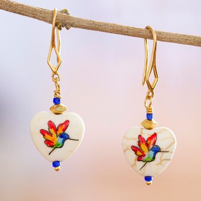 Alternate image for 14k Gold-Plated Howlite Dangle Earrings with Rainbow Birds Fluttering Joy