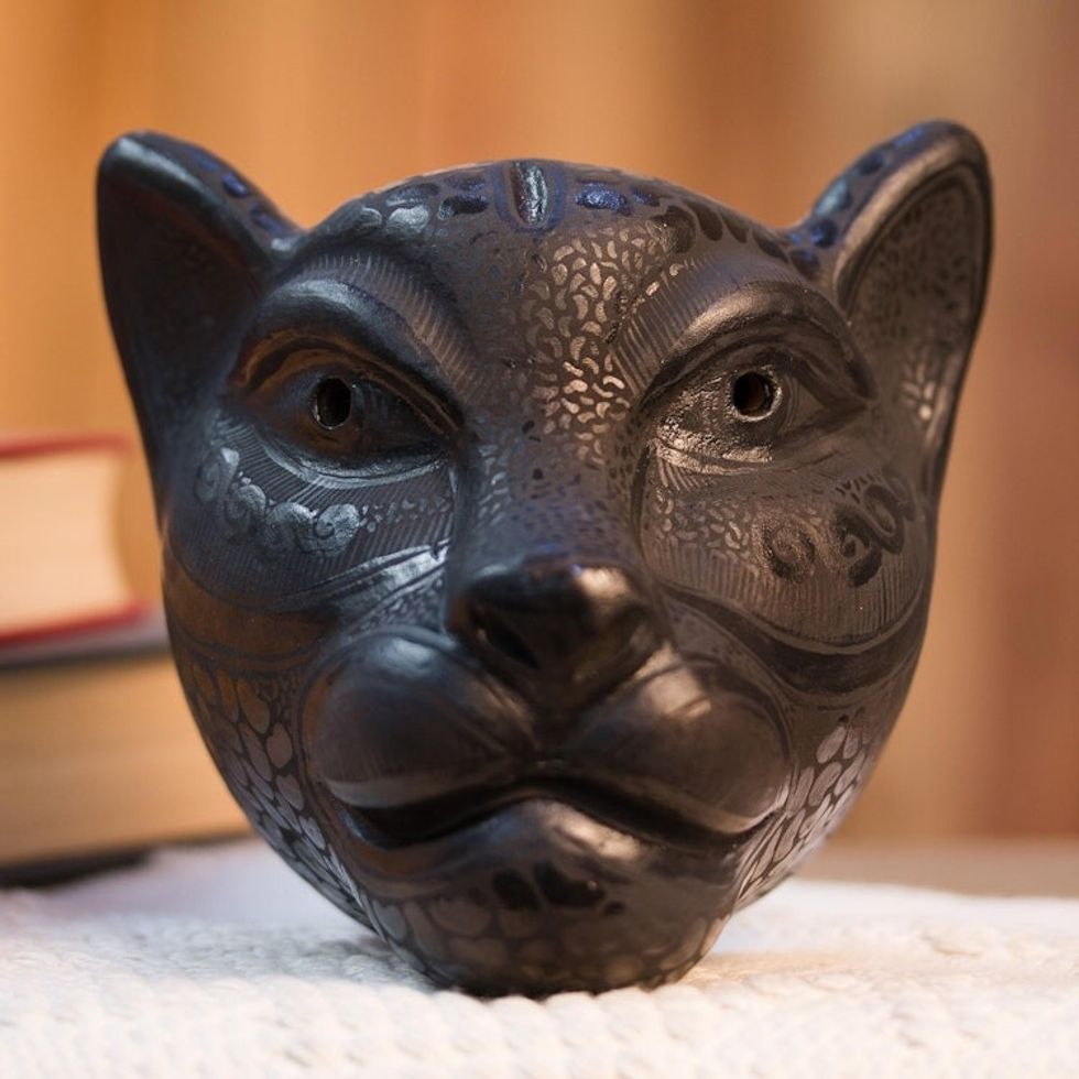 Handmade Black Ceramic Jaguar Mask from Mexico 'Dark Jaguar'