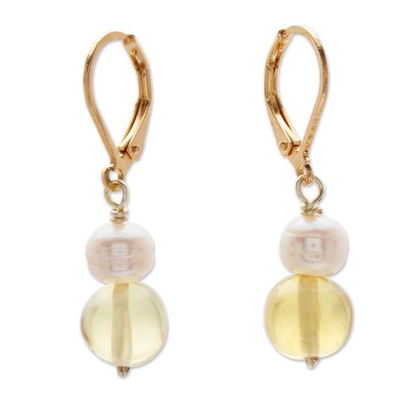 Alternate image for 14k Gold-Plated Dangle Earrings with Amber Beads and Pearls Warm Pearly Orbs