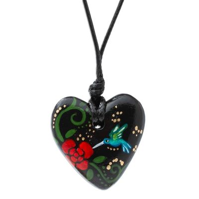Alternate image for Hand Painted Heart Shaped Hummingbird Pendant Necklace Night Hummingbird Heart