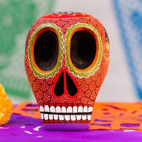 Alternate image for Mexican Hand Painted Terracotta Hue Wooden Skull Figurine Death and Folklore