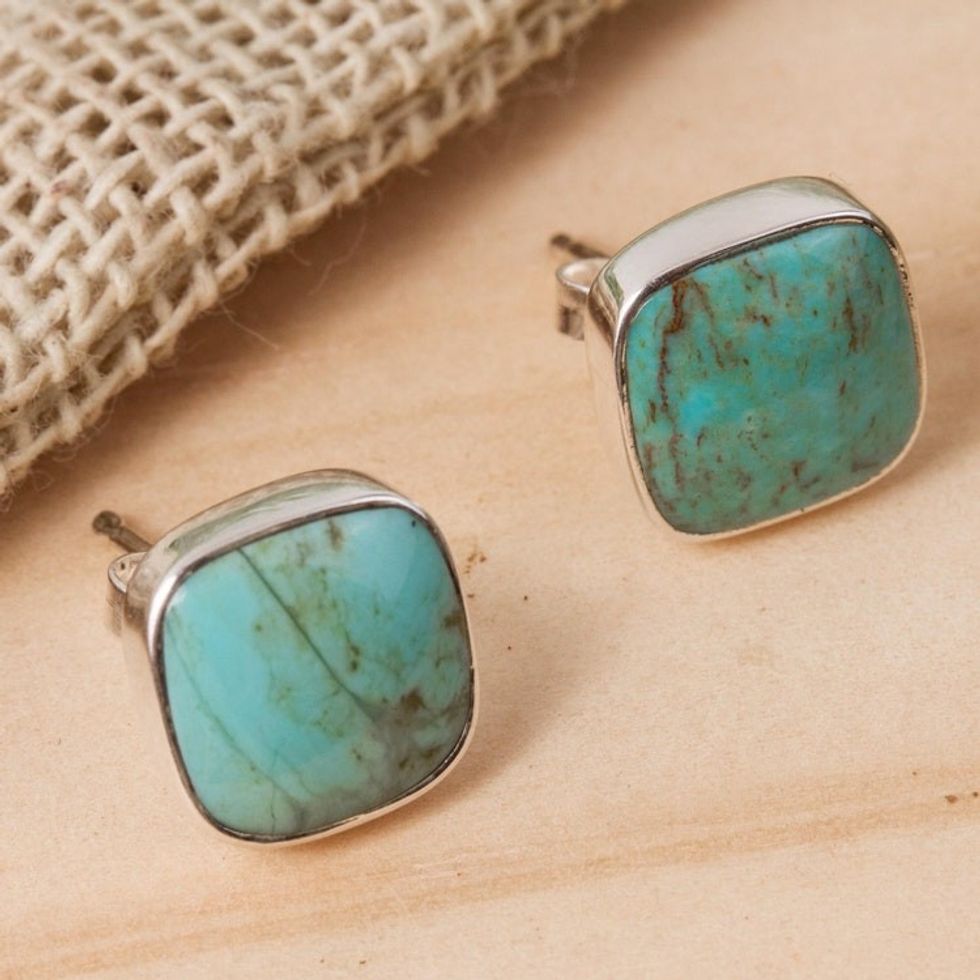 Square Reconstituted Turquoise Stud Earrings from Mexico 'Square Bucklers'