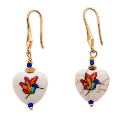 Alternate image for 14k Gold-Plated Howlite Dangle Earrings with Rainbow Birds Fluttering Joy