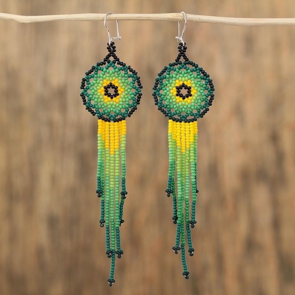 Glass Beaded Waterfall Earrings in Green from Mexico 'Verdant Rain'