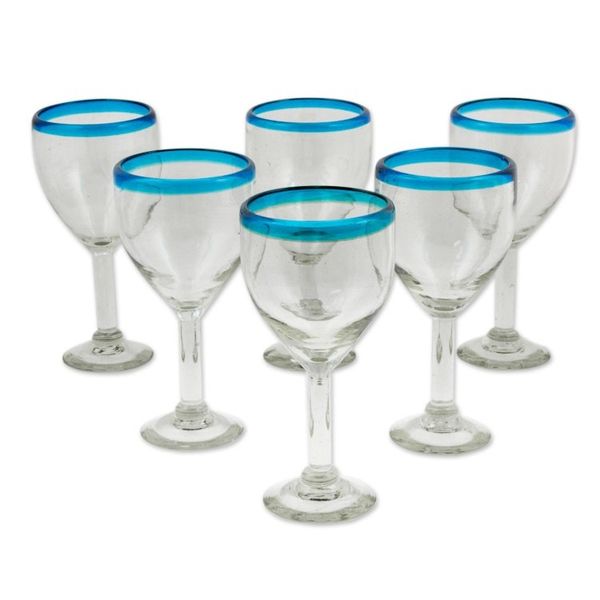 Alternate image for Clear with Aqua Rim Hand Blown 8 oz Wine Glasses Set of 6 Aquamarine Kiss