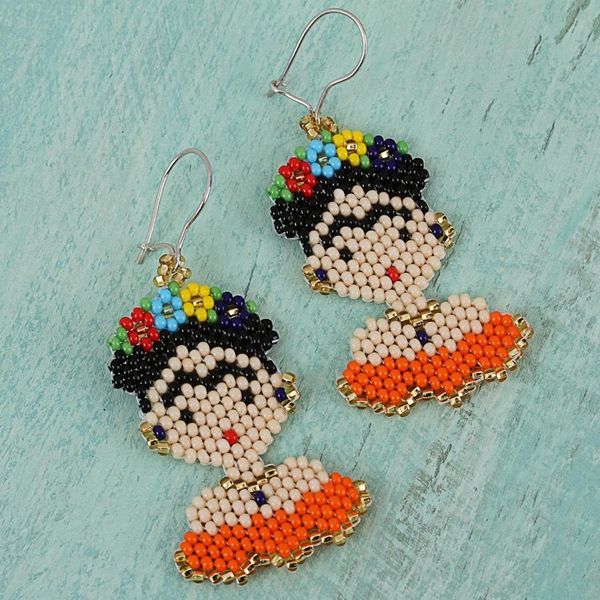 Alternate image for Glass Beaded Frida Dangle Earrings in Orange from Mexico Orange Frida