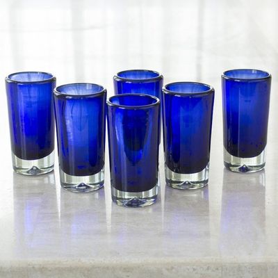 Alternate image for Set of 6 Blue Hand Blown Mexican Tequila Shot Glasses Pure Cobalt