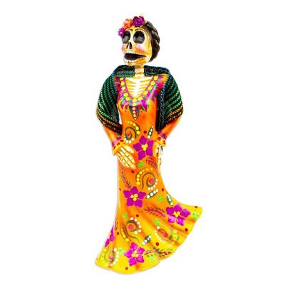 Alternate image for Mexican Catrina Statuette Made with Recycled Papier Mache Colorful Catrina