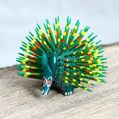 Alternate image for Copal Wood and Maguey Mexican Porcupine Sculpture in Green Cute Porcupine in Green