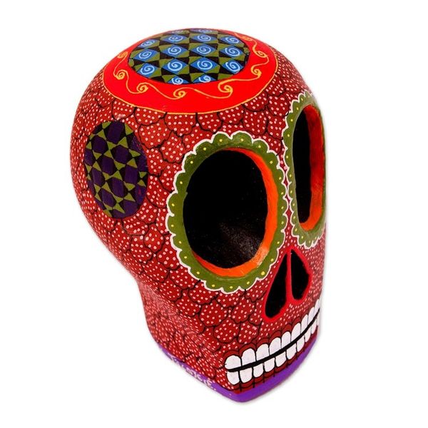 Alternate image for Mexican Hand Painted Terracotta Hue Wooden Skull Figurine Death and Folklore