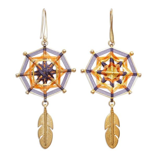 Alternate image for Gold-Plated Brass Mandala Dangle Earrings with Feathers Feather Mandala
