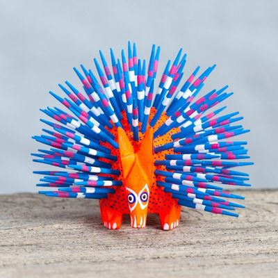 Alternate image for Copal Wood Alebrije Porcupine Sculpture in Red and Blue Cute Porcupine in Red