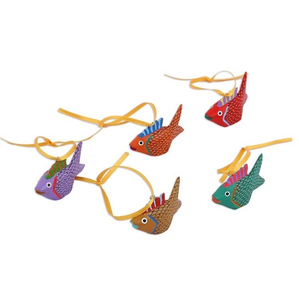 Alternate image for Painted Wood Alebrije Fish Ornaments Set of 5 from Mexico Sweet Fish