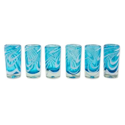 Alternate image for 6 Hand Blown Shot Glasses in Aqua and White from Mexico Whirling Aquamarine