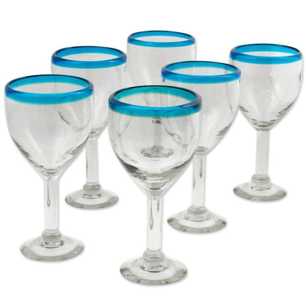 Alternate image for Clear with Aqua Rim Hand Blown 8 oz Wine Glasses Set of 6 Aquamarine Kiss