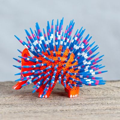 Alternate image for Copal Wood Alebrije Porcupine Sculpture in Red and Blue Cute Porcupine in Red
