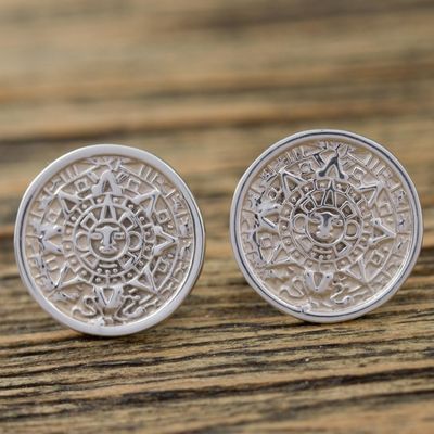 Alternate image for Mexican Archaeology Aztec Calendar Earrings in Silver 925 Aztec History