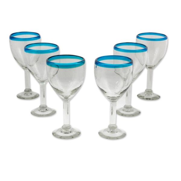 Alternate image for Clear with Aqua Rim Hand Blown 8 oz Wine Glasses Set of 6 Aquamarine Kiss