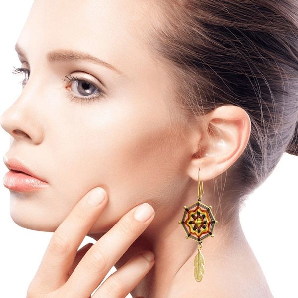 Alternate image for Gold-Plated Brass Mandala Dangle Earrings with Feathers Feather Mandala