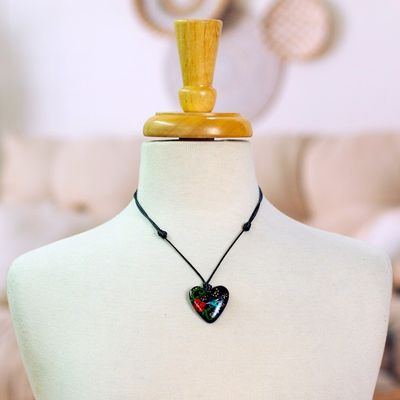 Alternate image for Hand Painted Heart Shaped Hummingbird Pendant Necklace Night Hummingbird Heart