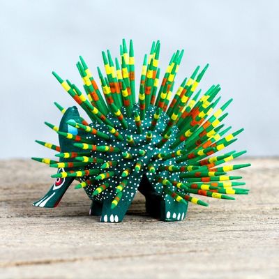Alternate image for Copal Wood and Maguey Mexican Porcupine Sculpture in Green Cute Porcupine in Green