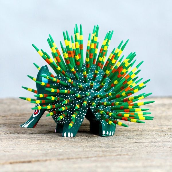 Alternate image for Copal Wood and Maguey Mexican Porcupine Sculpture in Green Cute Porcupine in Green