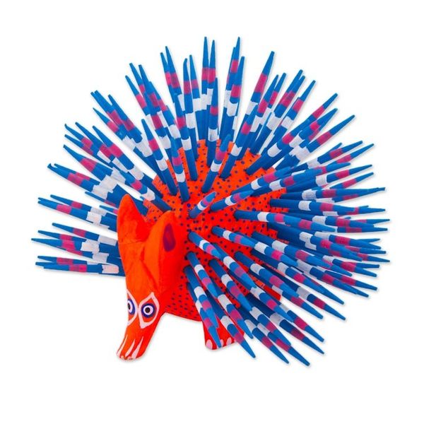 Alternate image for Copal Wood Alebrije Porcupine Sculpture in Red and Blue Cute Porcupine in Red