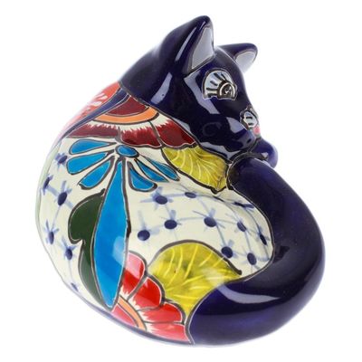 Alternate image for Hacienda-Themed Painted Blue Ceramic Cat Sculpture Dormant Feline