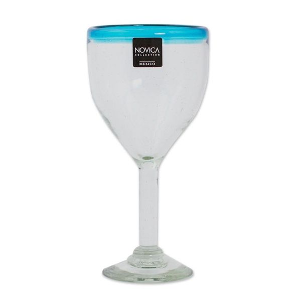 Alternate image for Clear with Aqua Rim Hand Blown 8 oz Wine Glasses Set of 6 Aquamarine Kiss
