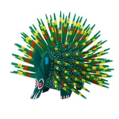 Alternate image for Copal Wood and Maguey Mexican Porcupine Sculpture in Green Cute Porcupine in Green