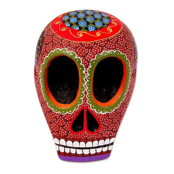 Alternate image for Mexican Hand Painted Terracotta Hue Wooden Skull Figurine Death and Folklore