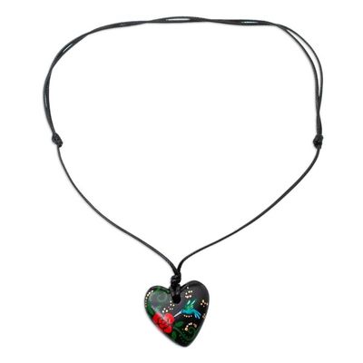 Alternate image for Hand Painted Heart Shaped Hummingbird Pendant Necklace Night Hummingbird Heart