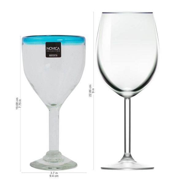 Alternate image for Clear with Aqua Rim Hand Blown 8 oz Wine Glasses Set of 6 Aquamarine Kiss